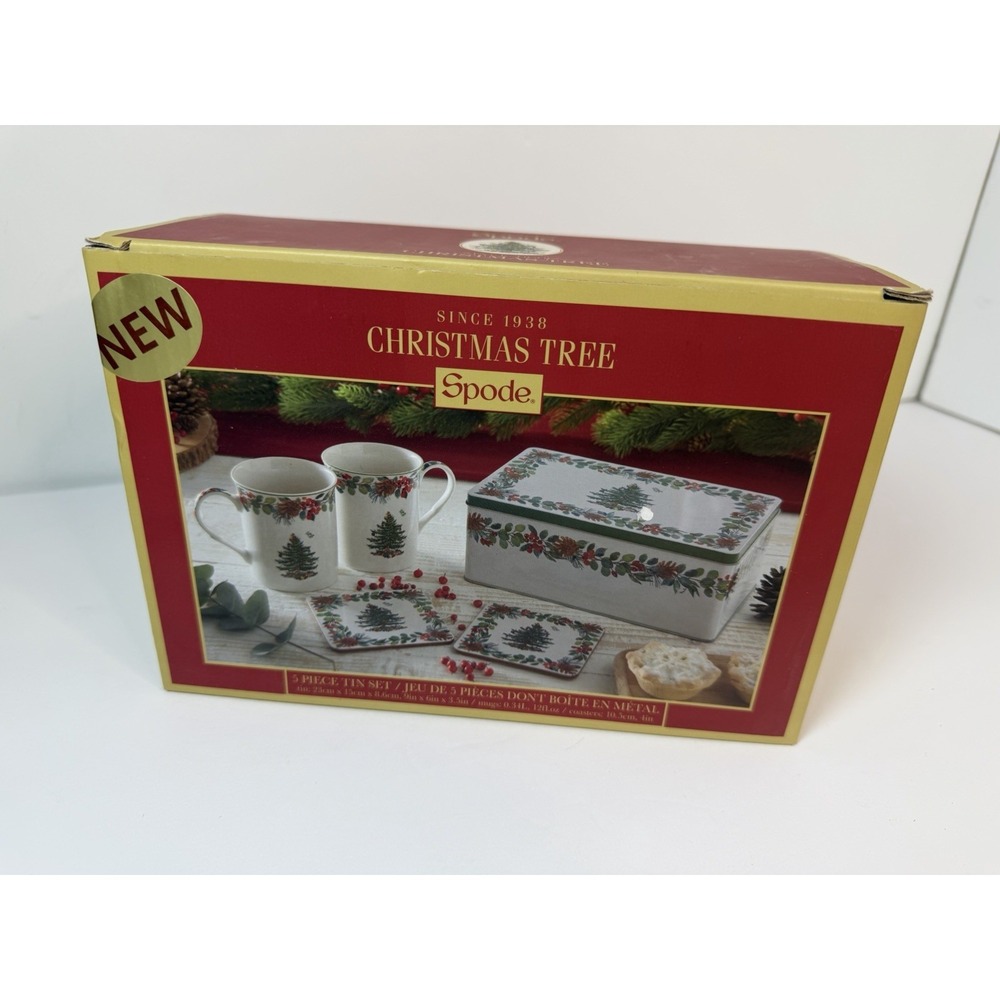 Spode Christmas‎ Tree 5 Piece Mug Coaster Storage Tin Gift Set Holiday